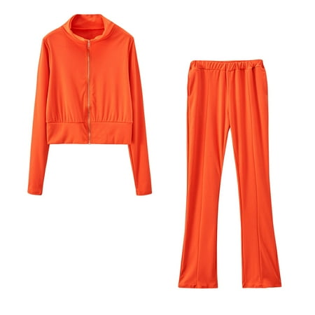 JNGSA Comfy Sets for Women Women s 2023 Fall Two Piece Outfit Long Sleeve Oversized Cropped Sweatshirt and Long Pants Tracksuit Sweatsuits Jogger Set Orange
