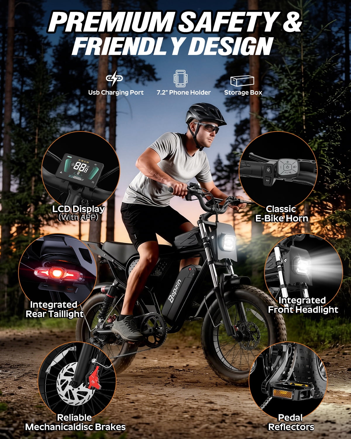 Bopzin Electric Bike for Adults, 1500W Peak App & Anti-Theft, 48V/25Ah, 20"x4.0 Fat Tire Ebike, UL2849 E-Mountain Bike