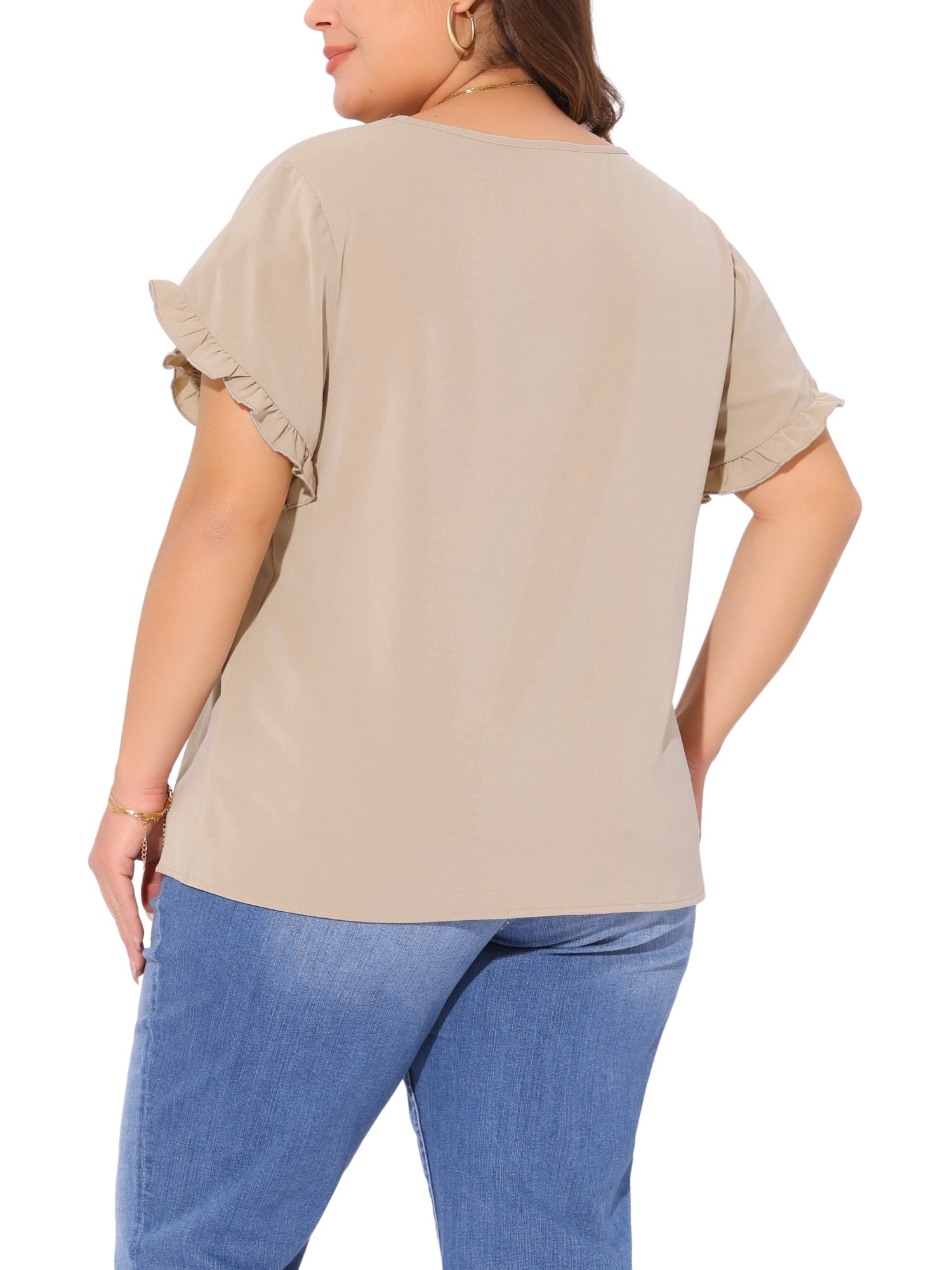 DARING DIVA Women's Plus Crew Neck Ruffle Blouse 3X Deep Apricot