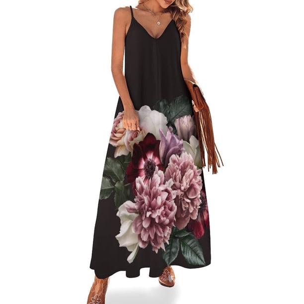 Nuevo ramo vintage de rosas, peonías y anémonas. Vestido sin mangas, vestido de noche, vestido de verano para mujer, vestido coreano para mujer