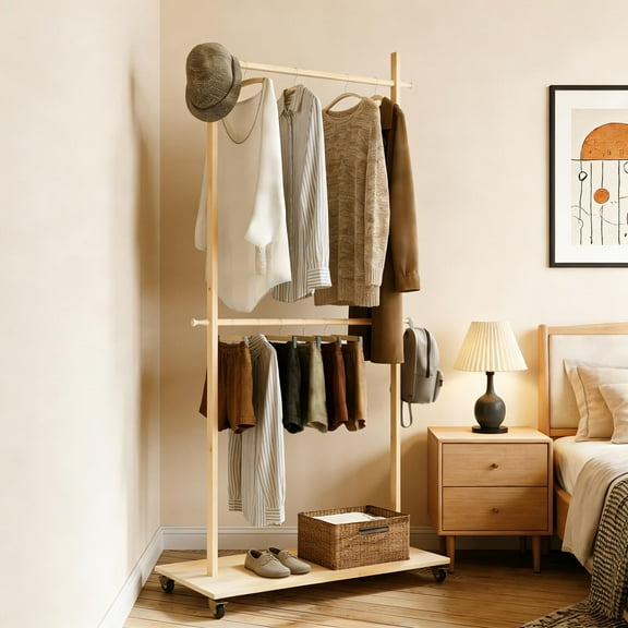 Garment Rack, Clothes Drying Rack with 6 Wooden Hangers and Adjustable Shelf, Space-Saving Design with Wheels, Solid Wood Coat Rack for Living Room or Entryway, Old Pine