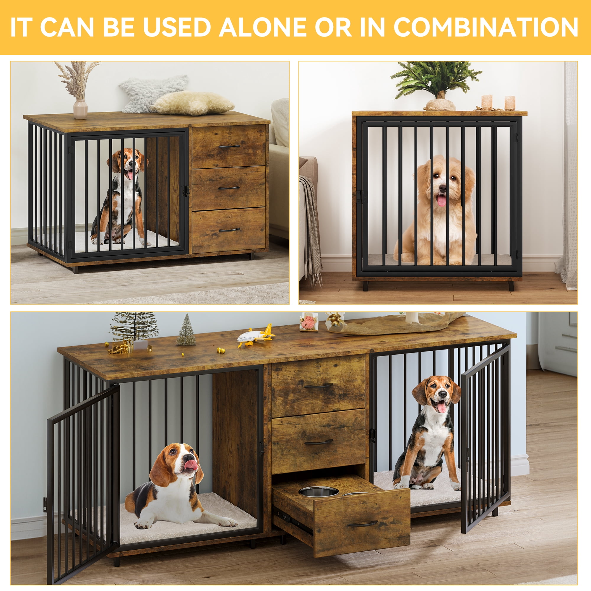 Dextrus 74" Large Double Dog Crate Kennel Furniture with Divider and 2 Drawers&2 Feeder Bowls,for 2 Medium or Large Dogs, Rustic Brown