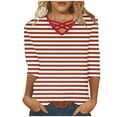 thumbnail image 2 of Gaecuw Ladies Tops and Blouses 3/4 Sleeve Summer Striped Criss Cross Blouse V-Neck Casual T Shirts Pullover Tees Three Quarter Shirts Novelty Tops Dressy Plus Size Red XL, 2 of 5