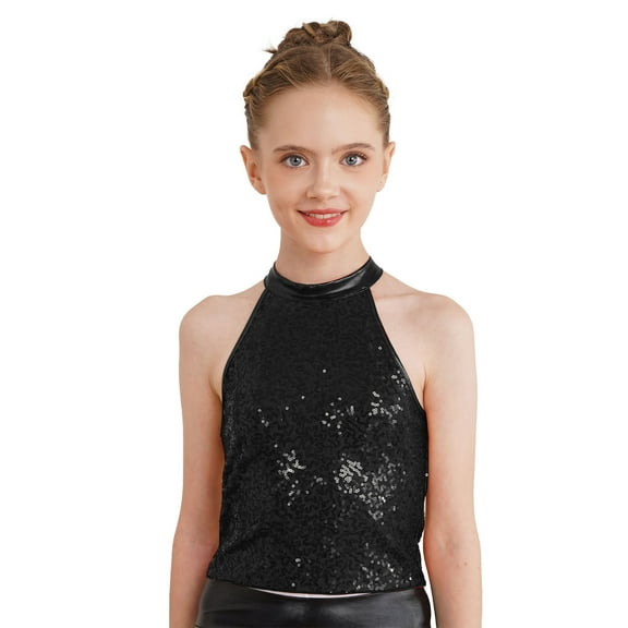 Alvivi Girls Sparkling Halter Neck Jazz Dance Ballet Crop Top for Cheerleading Performance Show Black 6