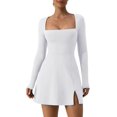 thumbnail image 1 of Womens Square Neck Bodice Dress Long Sleeve Side Slit Flare Mini Dresses, 1 of 6