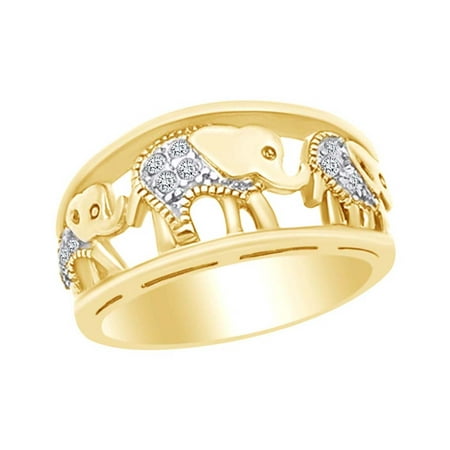 - Round Shape White Cubic Zirconia Fashion Elephant Band Ring In 14k Yellow Gold Over Sterling Silver Ring Size-4
