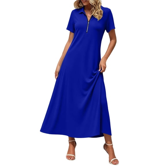 Erwazi Dresses for Women Solid Collared Short Sleeve Solid Dress Waist Cinched Zipper Trendy Casual Daily Summer Dresses