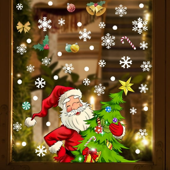 Christmas Snowflake Window Clings Stickers for Glass, Xmas Decals Decorations Holiday Snowflake Santa Claus Reindeer Decals for Party