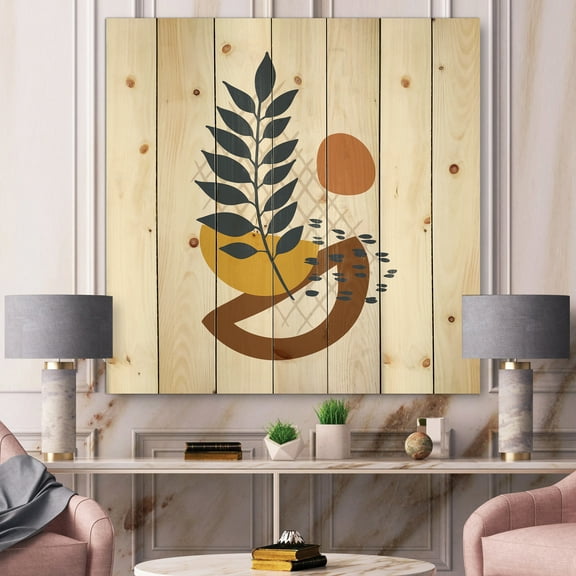 Designart 'Abstract Leaves With Elementary Shapes' Modern Print on Natural Pine Wood