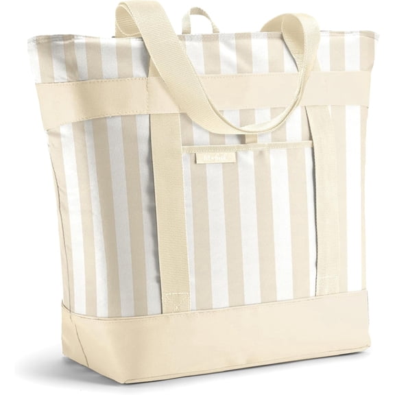 Fit Fresh Insulated Grocery Tote Bag, Large Leak-Resistant Reusable Cooler, Taupe Stripe