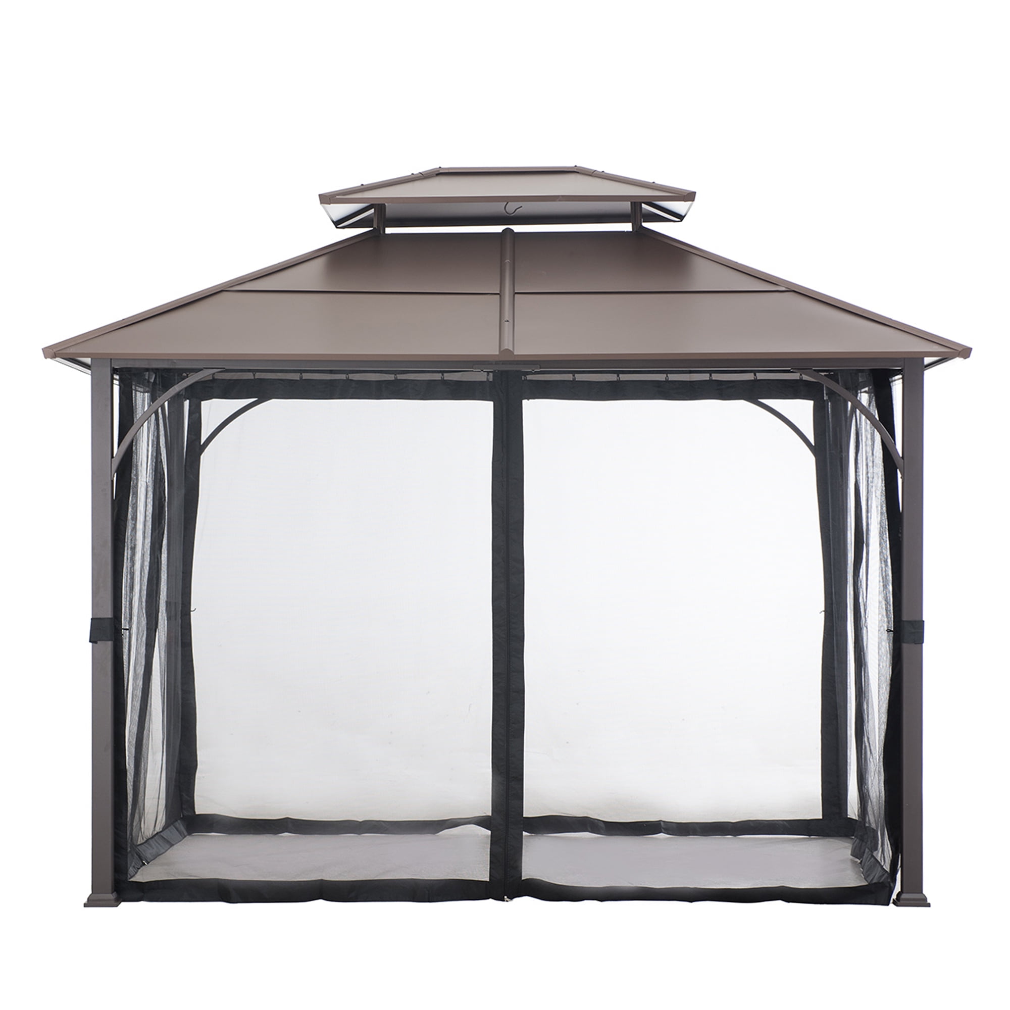 Sunjoy Outdoor Hardtop Gazebo 10 x 12 ft. Steel Frame Gazebo, 2 Tiered Metal Gazebo with Ceiling Hook and Mesh Netting, Brown