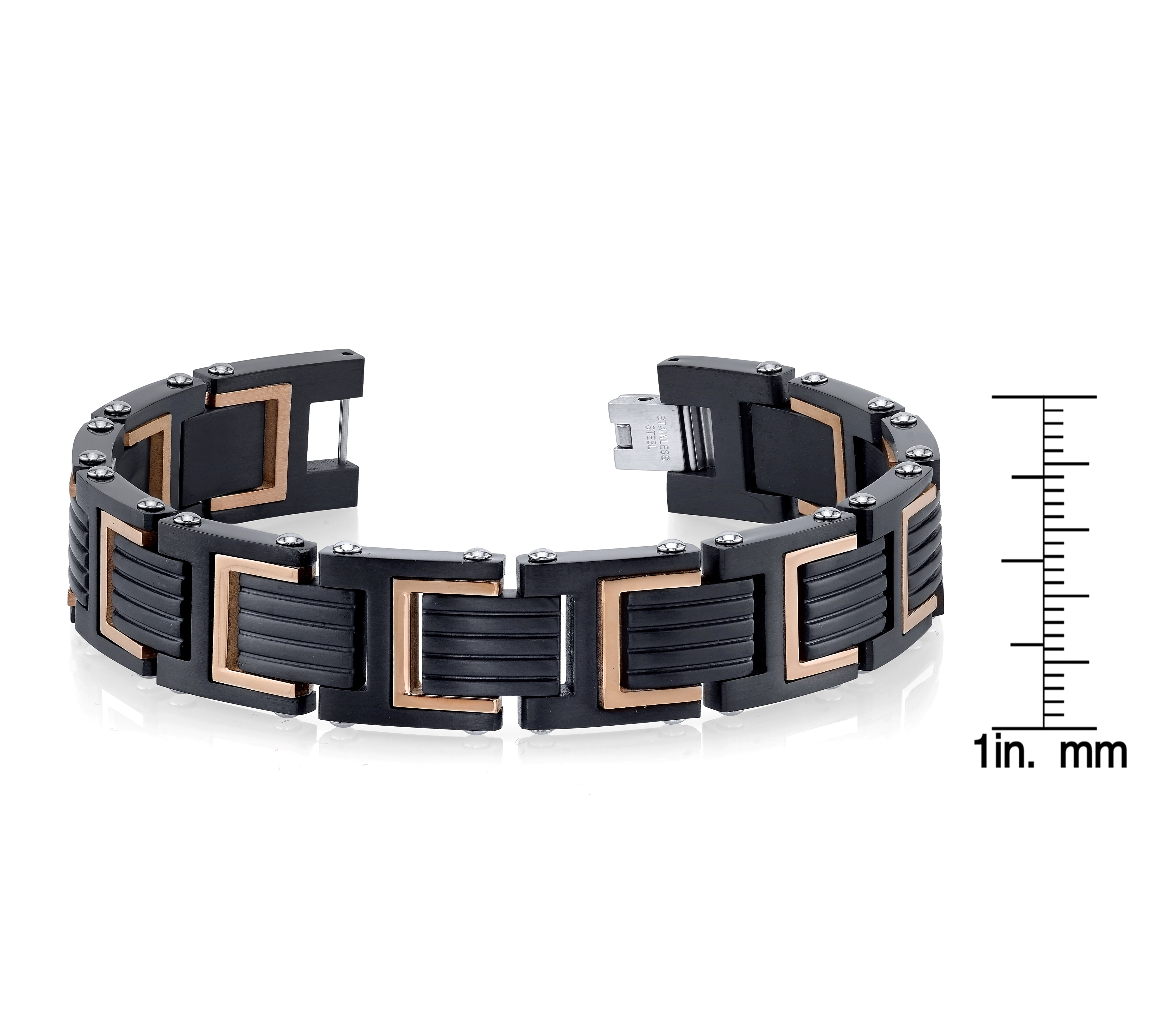 Spartan Men's Black Stainless Steel Bracelet with Carbon Fiber and Rose Gold Accents