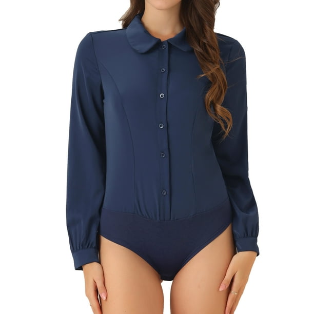 INSPIRAR CHIC Blusa de Mujer con Botones Leotardo Cuello Peter Pan de Manga Larga Tops de Negocios XL Azul Oscuro