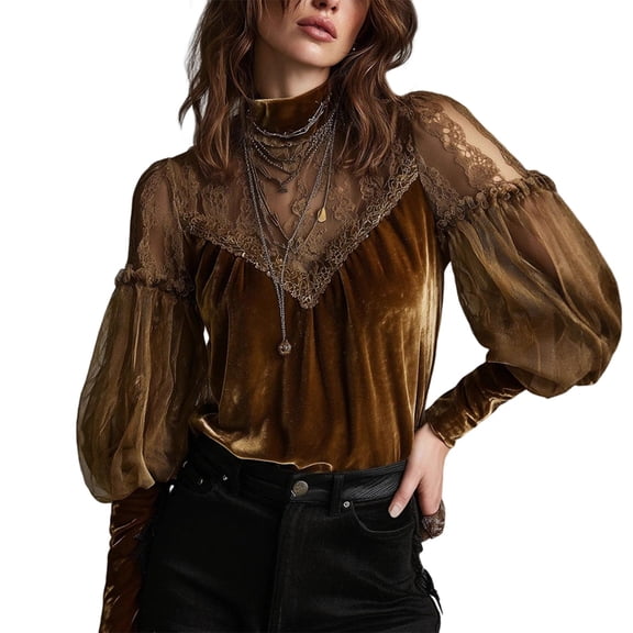 Womens Tops Wrap Mock Neck Shirt Lace Long Sleeve Velvet Blouse Dressy Casual Fall Fashion Outfits Brown XS