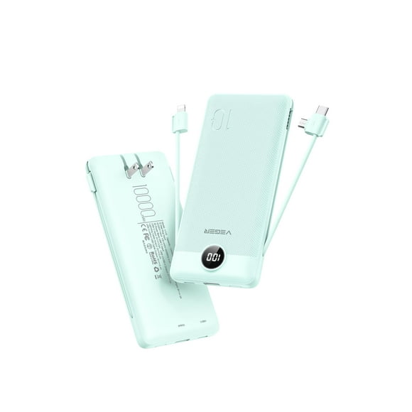 VEGER Chargeur Portable pour iPhone avec Câbles Intégrés et Prise Murale, Banque d'Alimentation USB‐C Mince à Charge Rapide 10000 mAh, Bloc‐batterie Essentiel de Voyage Com