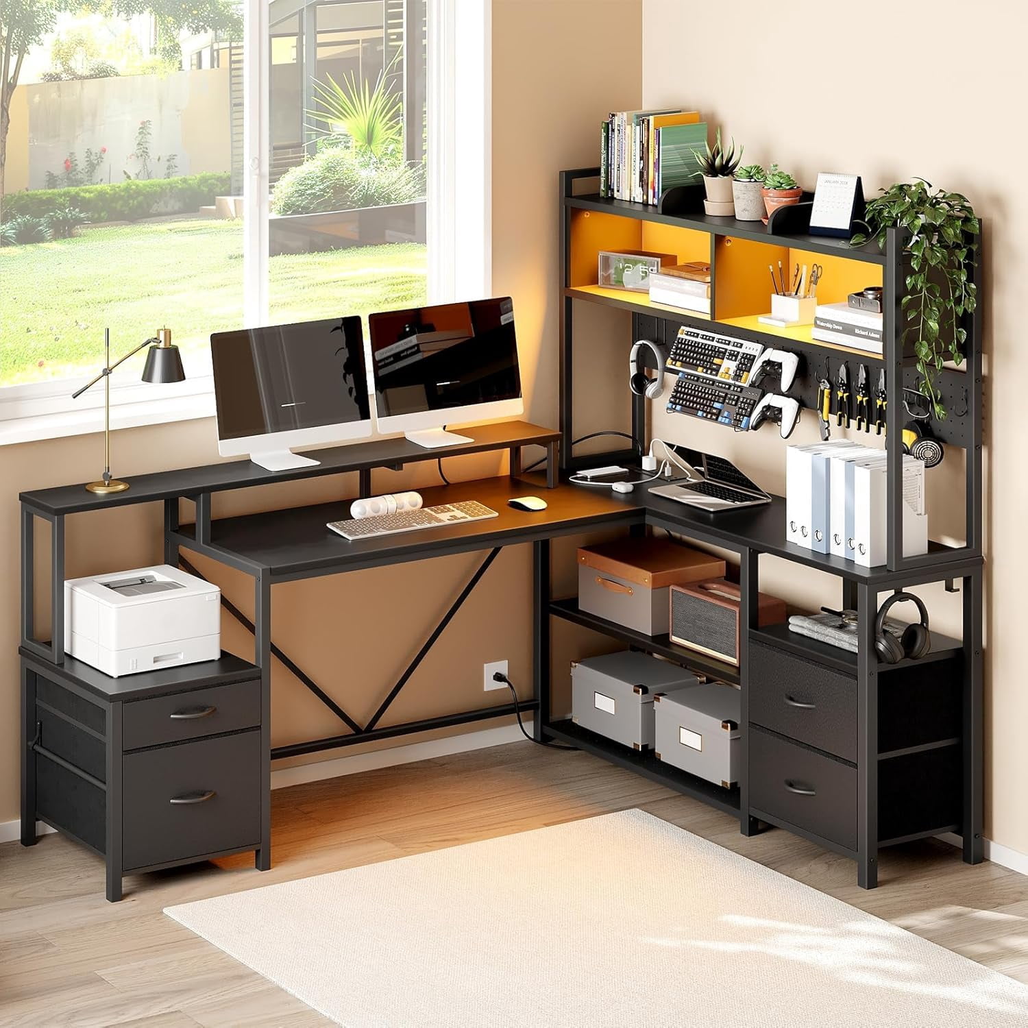 75inch L Shaped Computer Desk with Drawers, Large Gaming Desk with LED Light & Power Outlets, Corner Computer Desk with Storage Shelves & Monitor Stand for Home Office, Black
