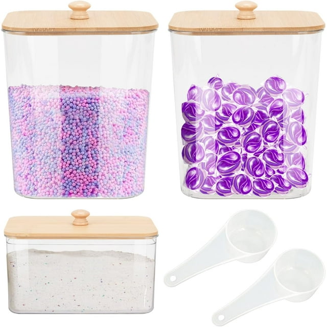 Set of 3 Large Airtight Laundry Containers for Organizing with Wooden Lids, Proof Detergent Organizer for Pods, Powder & Liquid