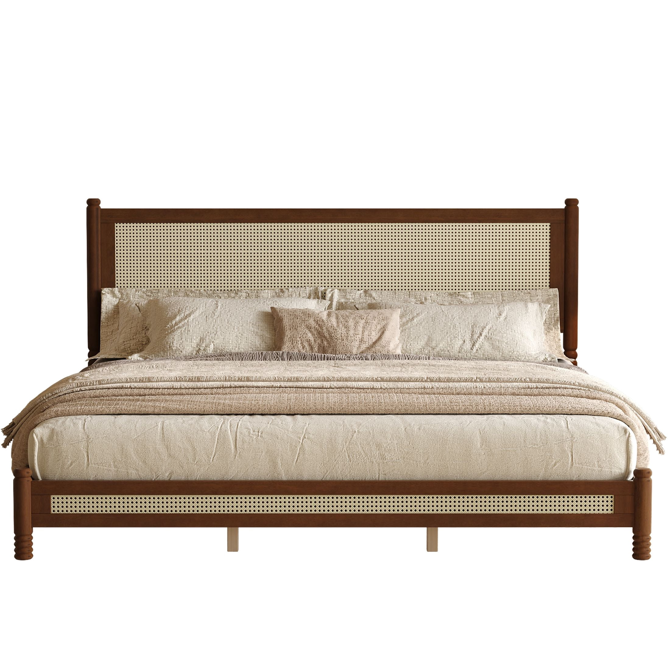 GDF Studio Annes King Size Boho Rattan Platform Bed Frame with Turned Legs, Woven Cane Pine Wood Bed Frame, Walnut