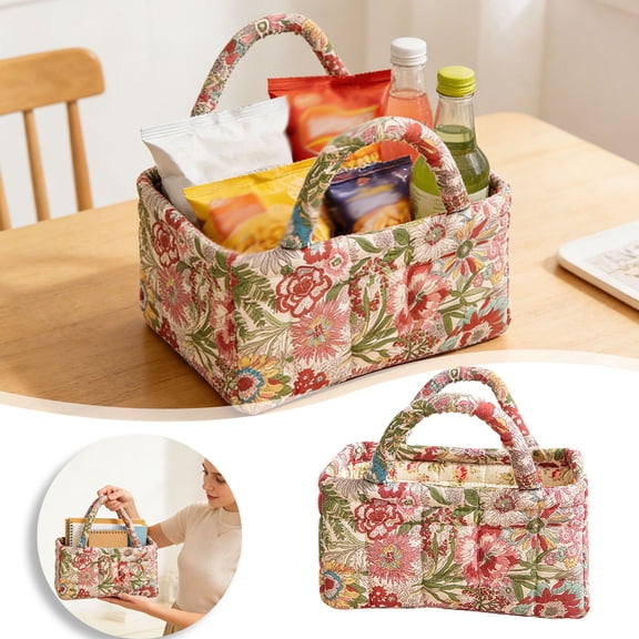 VMWMSSR Floral Quilted Fabric Storage Basket, Decorative Organizer Bin With Carry Handles, Household Storage Caddy For Bedroom Vanity Table(Pink-8.66")