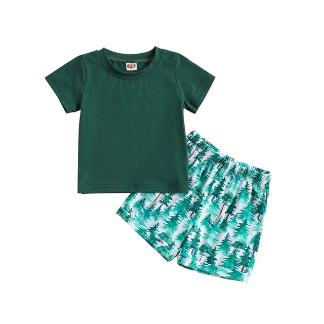Kmbangi Ensemble d'Été 2 Pcs pour Garçons Tout-Petits Vert Manches Courtes Col Rond + Shorts Imprimé Arbre Décontracté Fête pour 3M-3Y