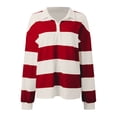 thumbnail image 4 of Women Striped Color Block Polo Sweatshirt Lapel Collared Long Sleeve Oversized Shirt Trendy Spring Clothes (Wine S), 4 of 5