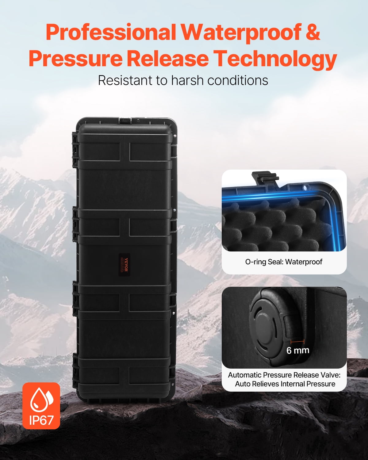 VEVOR Weatherproof Hard Case, Heavy Duty Protective Dry Box Case with Pre-Cut Foam & Retractable Pull Handles for Travel, Hunt, Military, Tactical, IP67 Waterproof Case for Cameras(112x41x34)