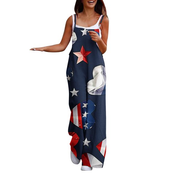 Cavosen Dressy Rompers for Women Fourth of July Plus Size Loose Linen Sleeveless Patriotic Jumpsuits High Waist Wide Leg Long Overalls with Pocket Star and Stripe Holiday Rompers