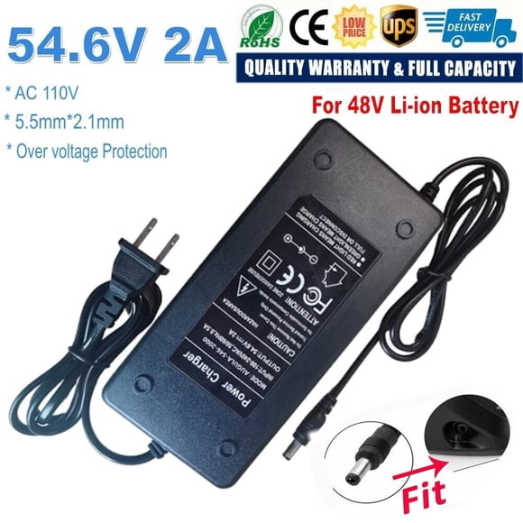 JUNWELL 48V Electric Bike Ebike Li-ion Battery Charger DC 5.5x2.1mm Plug 54.6V 2A 13S US