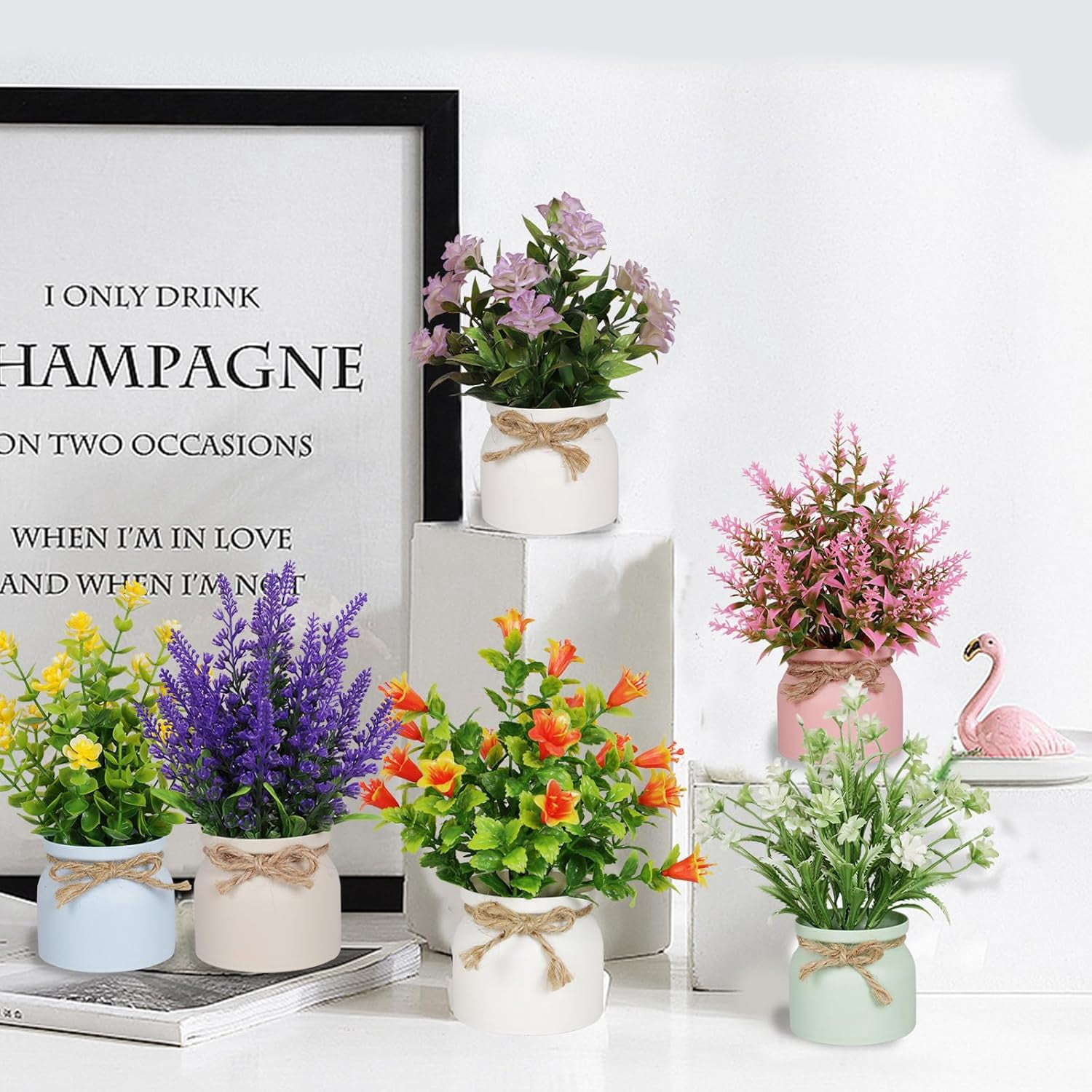 6pcs Artificial Pot Flowers Small Fake Plants Mini Potted Plants for House Office Tabletop Decoration