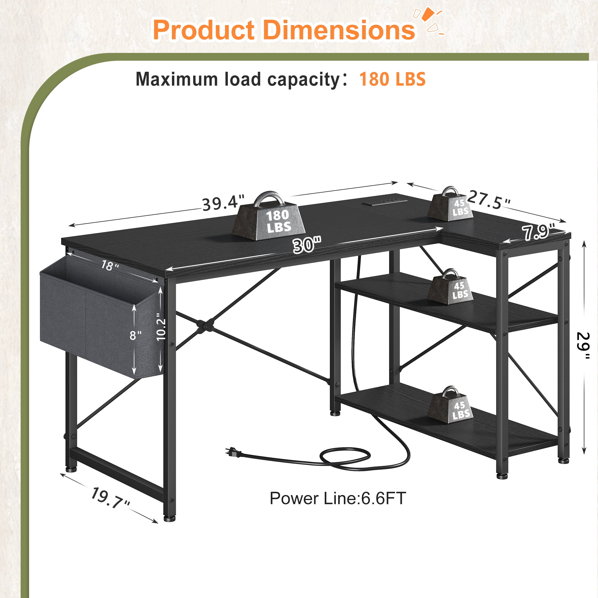 EnHomee L-Shaped Computer Desk with Power Outlets, Office Desk with Storage Shelves for Small Spaces, Black