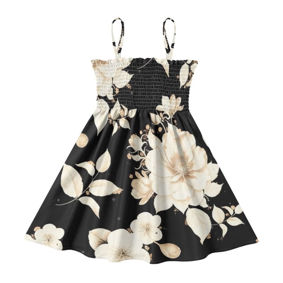 DALAWU Lightweight Black & White Floral Smocked Sundress Adjustable Strap Flowy A-Line Summer Dress