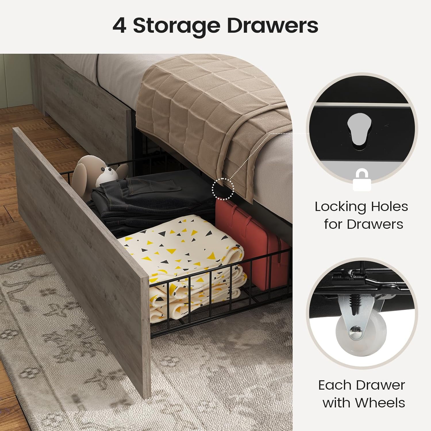 Twin Size Bed Frame, Farmhouse Wooden Platform Twin Bed with Storage Headboard Bookcase and 11'' Under-bed Storage Drawers Gray