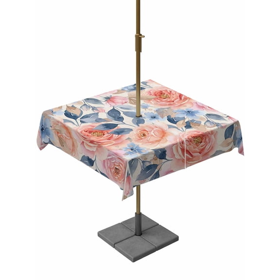 Outdoor Tablecloth with Umbrella Hole for Patio/Picnic/Party/Camping, Botanical Pink Blue Waterproof Table Cloth Square Cover Washable, Farmhouse Country Watercolor Flower Leaf (54"x 54")