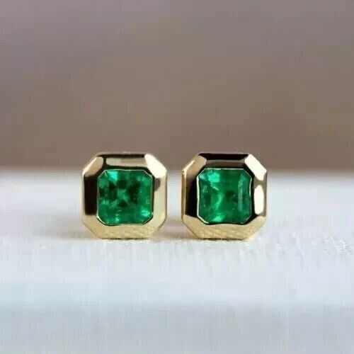 Silver & Stone Jewels Asscher Cut Green Emerald Stud Earrings In 14k Yellow Gold Plated