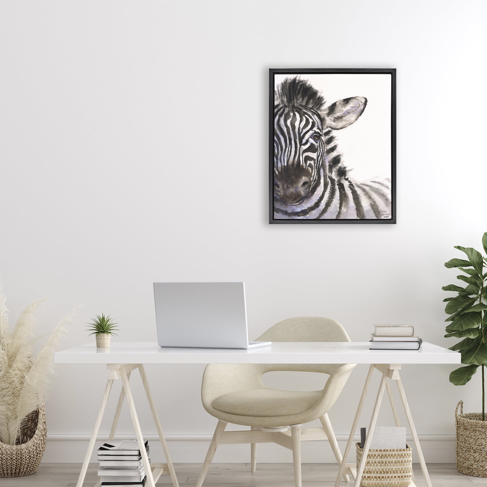 Stupell Industries Zebra Portrait on White Black Framed Floater Canvas Wall Art, design by George Dyachenko