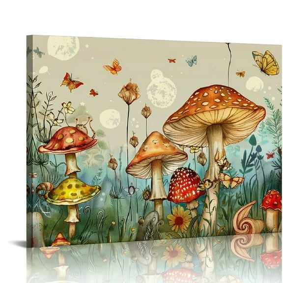 Autua Mushroom Butterflies Fantasy Art Canvas Wall Decor for Living Room Bedroom Home Office 20x16in