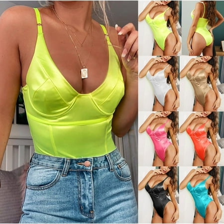 USSUMA Women s Neon Bodysuit for Women Teddy Sleeveless Sling Satin Bodysuit Lingerie Holiday Deals Black M