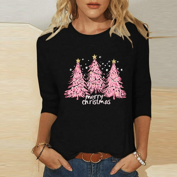 FDGIU Women's Christmas Shirts 2025 - 3/4 Sleeve Graphic Tee with Xmas Tree & Snowflake Prints, Loose Fit Tunic Top for Holiday