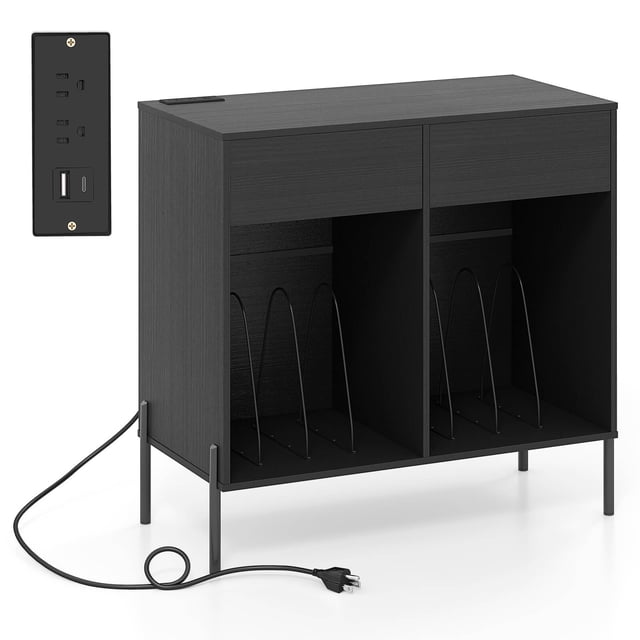 Costway Grand Meuble pour Tourne-Disque avec Station de Recharge, Compartiments de Rangement et 2 Tiroirs, Noir
