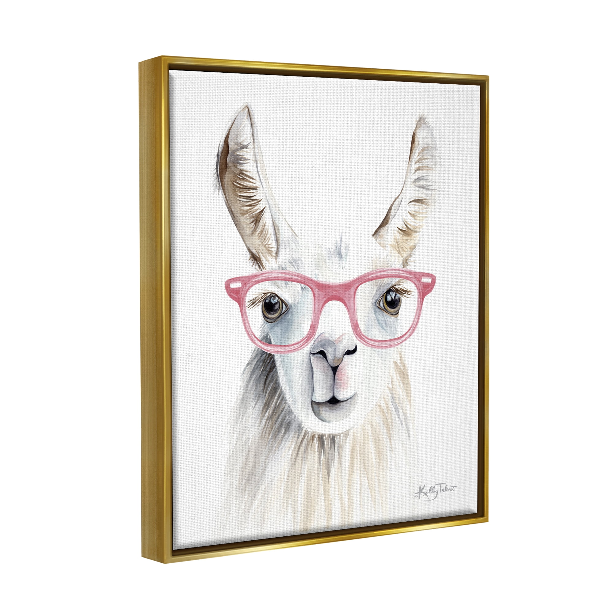 Stupell Industries Llama Wearing Pink Glasses Casual Animal Portrait Painting Metallic Gold Floating Framed Canvas Print Wall Art, Design by Kelley Talent