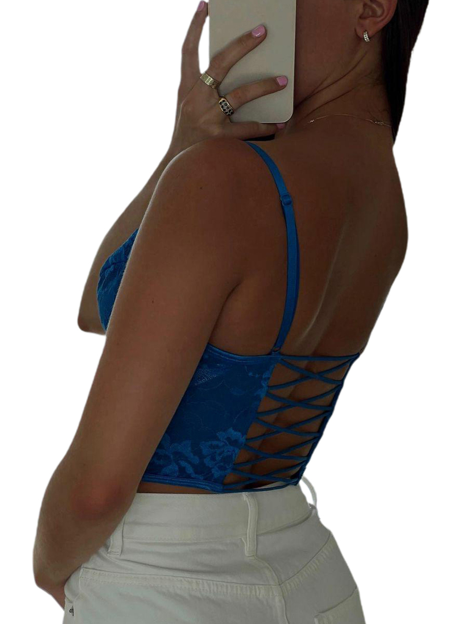 floral lace up tie shoulder tank crop top