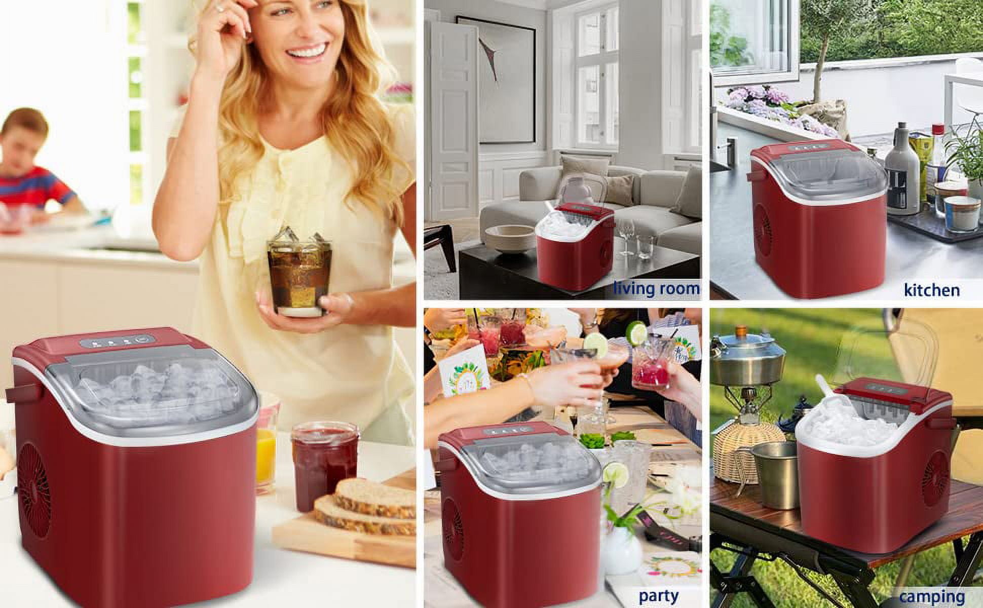 YUKOOL Desktop Ice Maker,Portable,9pcs/6-13min,26lbs/24H,Self Cleaning,With Ice Scoop,Red