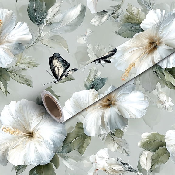 Peel and Stick Wallpaper Contact Paper White Hibiscus Flowers Butterfly Botanical Soft Neutral Tones Self Adhesive and Removable 24in x 118in