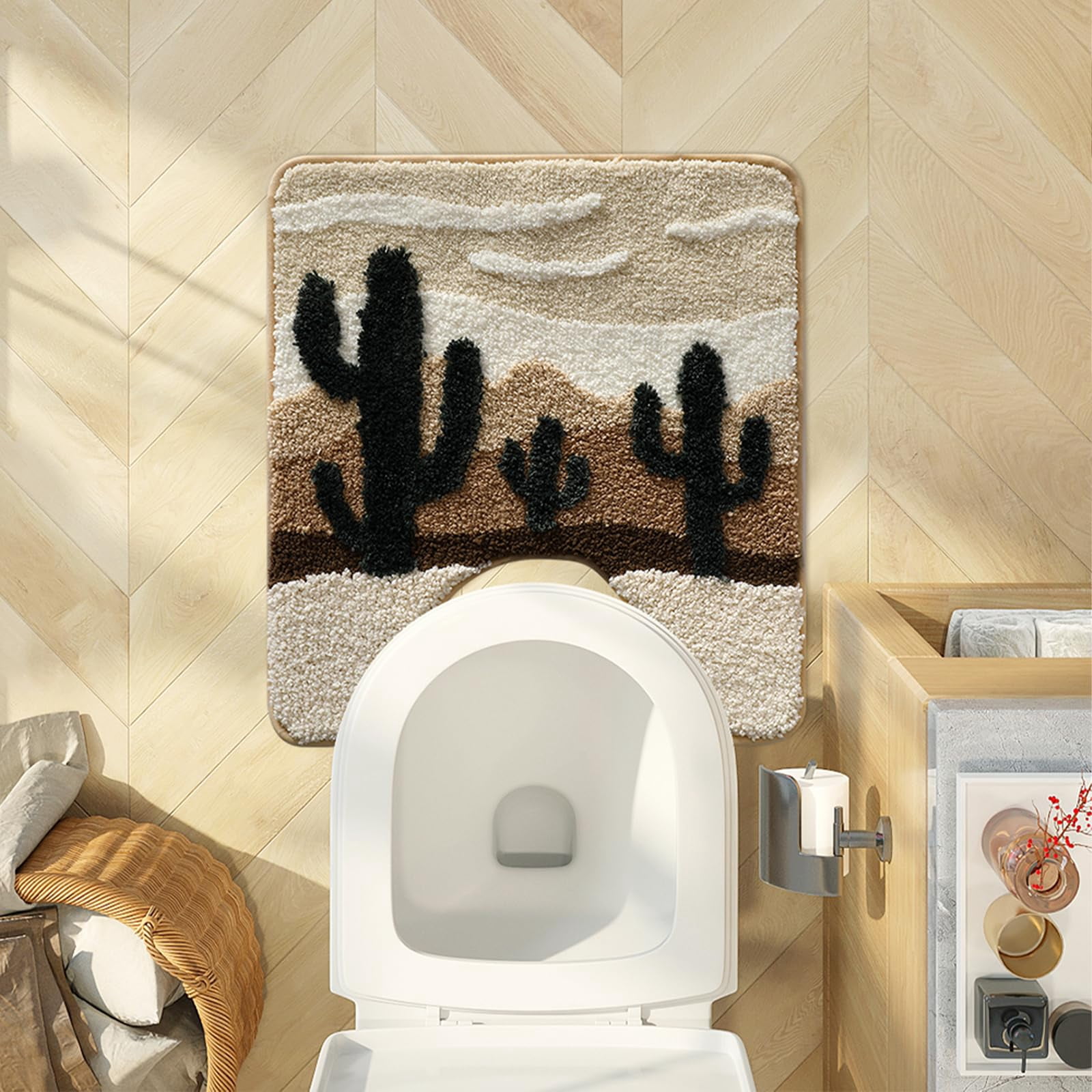 U-Shaped Non-Slip Toilet Mat for Bathroom, 22x20 Inch Desert Cactus Design Bath Rug with Soft Absorbent Microfiber, Machine Washable Beige Brown Floor Mat for Toilet Base