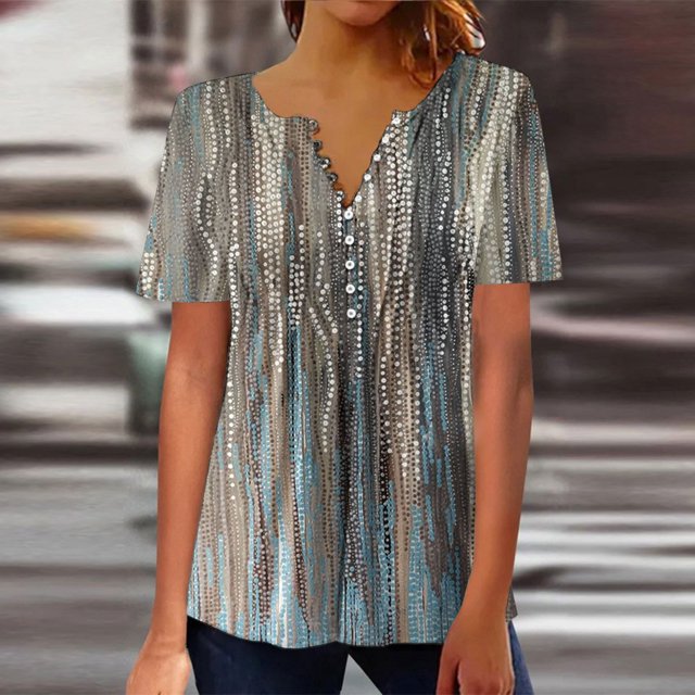 SMihono Hauts pour Femmes Été Décontracté Mode Imprimé Col Rond Ample Manches Courtes T-shirt Blouse Pull Oversize T-shirt pour Femmes