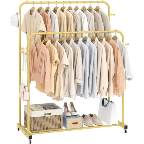 Double Rods Garment Rack with Wheels, Clothing Rack for Hanging Clothes,4 Hooks, Multi-Functional Bedroom Clothes Rack, Gold