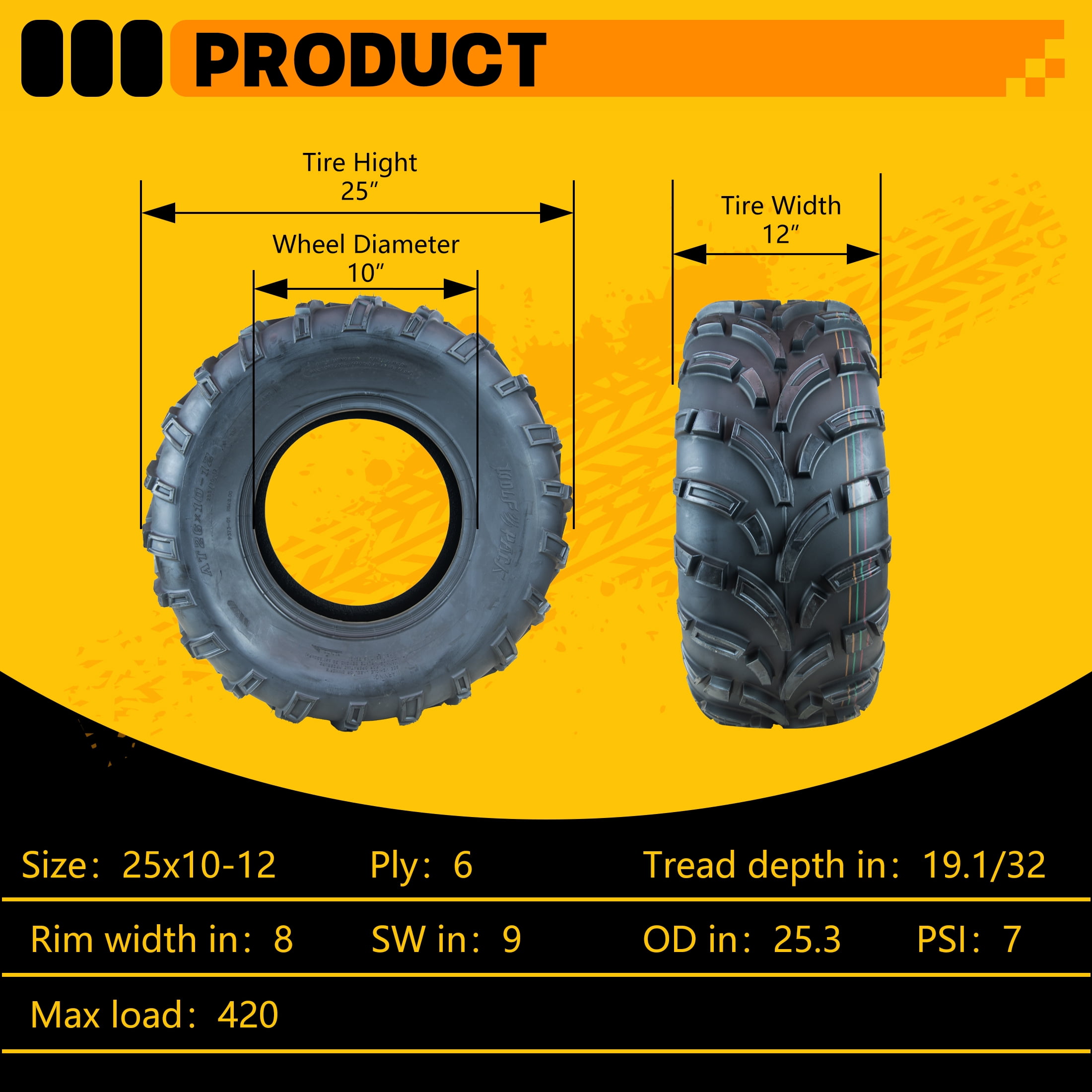 HI-RUN ATV Tire 25X10-12 6PR SU37