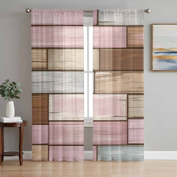 Pink Brown Vintage Semi Sheer Window Curtains 108 Inches Long, Retro Farmhouse Elegant Pastoral Rod Pocket Voile Silky Chiffon Curtain Light Filtering Drapes for Living Room, 52"x108", 2 Panels
