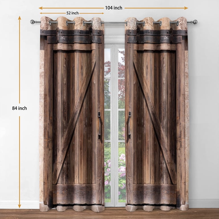 Retro Grey Blackout Curtains - 3D Wooden Barn Door Print, Thermal Insulated Grommet Drapes, 2 Panels 52x84 Inches