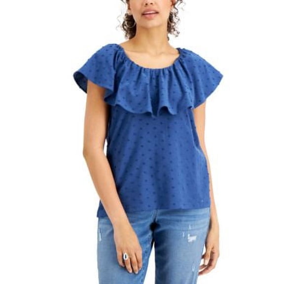 MSRP $50 Style & Co Ruffle-Neck Top Blue Size XS